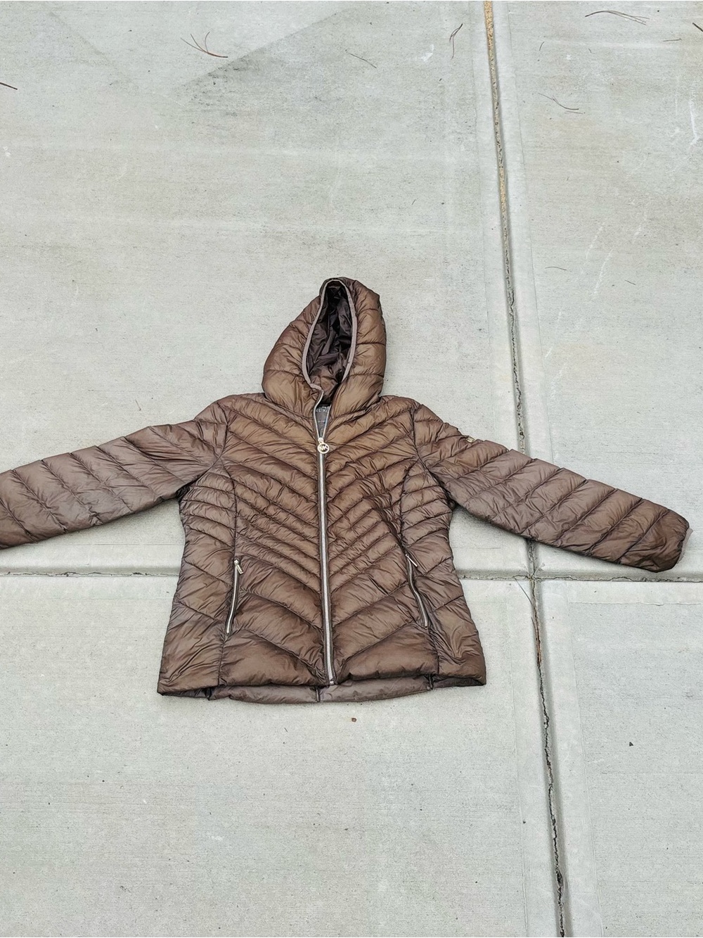 Michael Kors Packable Down Brown Quilted Hooded Puffer Jacket size Large